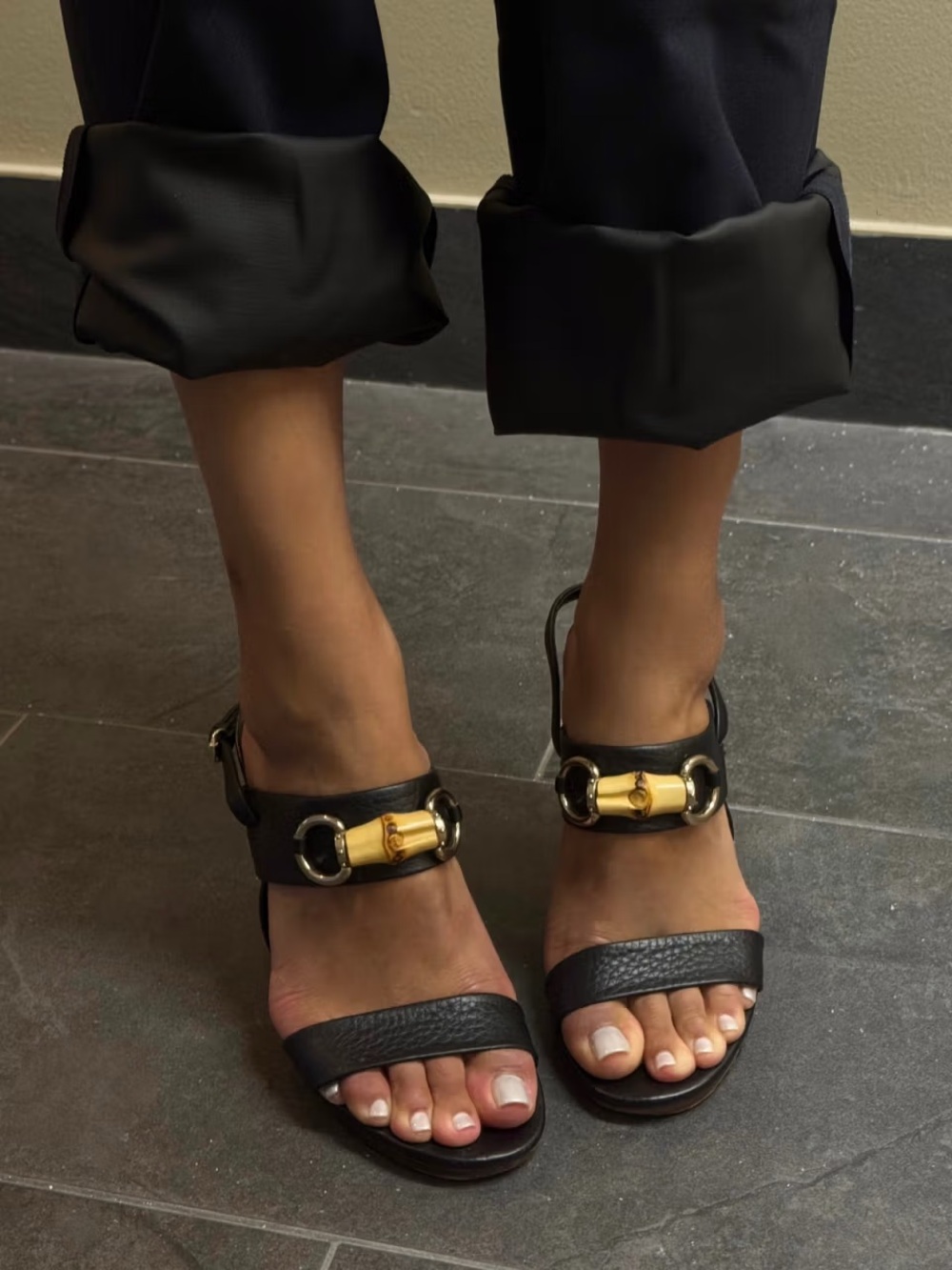 Authentic Gucci Black Leather Bamboo Horsebit Sandal Heels 36.5